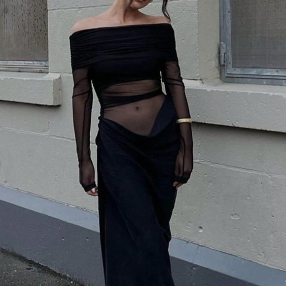 Black Elegant Women's Off-Shoulder Mesh Hollow-Out Long Sexy Bodycon Dress - Picture 6 of 7